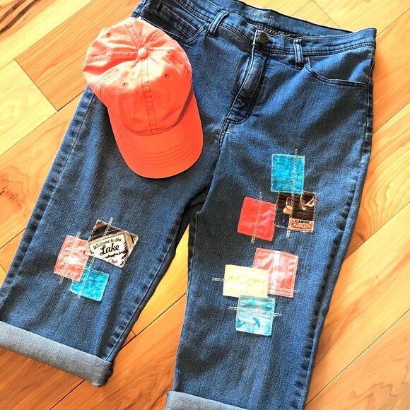 Upcycled Patchwork Capri Jeans: Summer Lake Theme Denim Cropped Pants Size 10-12 - Picture 5 of 12